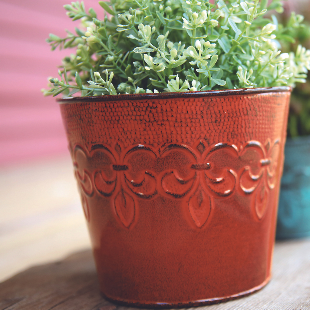 fleur de lis planter pot Robert Allen Fleur de Lis 6 In. Metal Surf Blue Planter MPT01890